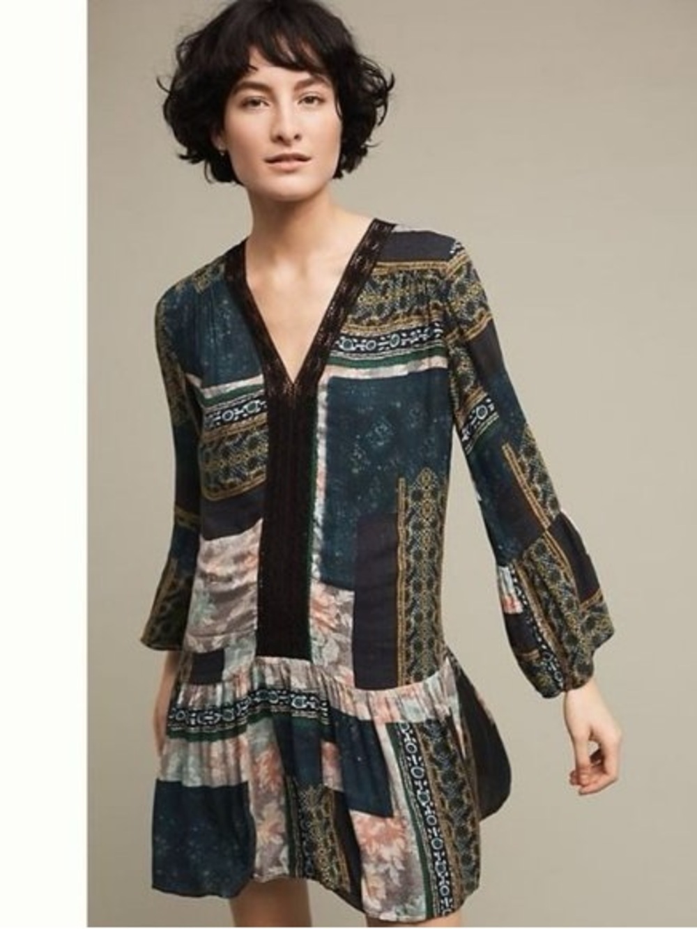Maeve Anthropologie Patchwork Boho Mini Dress Bell Sleeve Cottagecore M Romantic